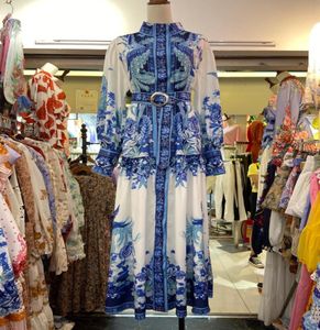 Sukienka w stylu retro 2021 Spring Summer Chinese Style niebieski i biały porcelanowy nadruk z rękawem z rękawów Lanter