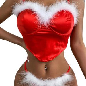 Women's T Shirts Womens Sexy Lingerie Set Feather Trim Satin Spaghetti Strap Push Up Corset Bra T-Back Underwear For Carnivals Christmas