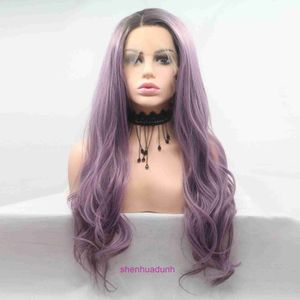 Wysokiej jakości mody peruki włosy sklep internetowy gorąca sprzedaż syntetycznych włóknisty gradient fioletowy długie kręcone włosy koronkowy opasek na głowę