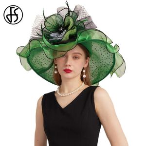 FS Green Organza St Patricks Cap Lady Wide Brim Capone per donne Mesh Mesh Feather Flower Wedding Bride Fedora 240401