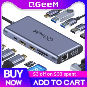 Hubs Qgeem USB C Hub MacBook Pro Üçlü Ekran Tip C Hub - 4K Çift HDMI VGA Micro SD Kart Okuyucuları RJ45 AUX PD USB HUB Adaptör