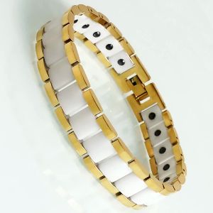 Strängar Masulin Energi Health Care Magnetic Mens Armband till hand Vita keramiska armband för kvinnor Guldfärg Rostfritt stål armband