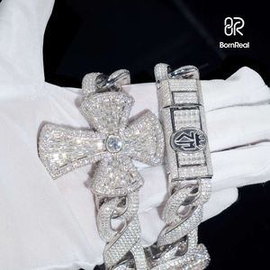 Nowy styl niestandardowy tester diamentów VVS Bagieette Moissanite Cross Cuban Link łańcuch 20 mm duży rozmiar