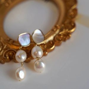 Ohrringe 925 Splitter natürlicher Süßwasserperle Langes Quasten Ohrringe für Frauen Damen Goldfarbe Ohrringe Braut Schmuck Geschenk