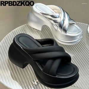 Terlik metalik açık ayak parmağı pompalar kadın koyun derisi gerçek deri blok trend Japon ayakkabıları slaytlar y2k platform yüksek topuklu sandallar