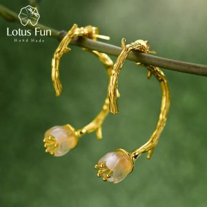 Örhängen lotus rolig verklig 925 sterling silver naturlig kristall handgjorda fina smycken lilja i dalen blommor droppe örhängen för kvinnor gåva