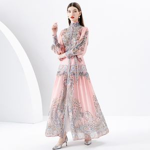 Chiffon vintage tryck stativ höghals båge lanter ärm kvinnor lös överdimensionerad maxi skjorta klänningar avslappnad fest semester vår sommar höst grossist dropshipping