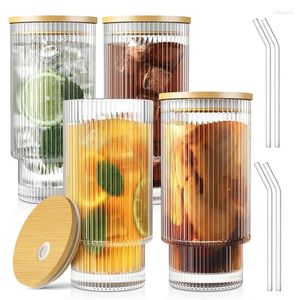 Weingläser 4pcs Glasbecher 16oz Rippen -Trinken mit Deckel und Strohgläser für Whisky Cocktail Bier Iced Coffee