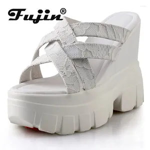 Terlik Fujin 13cm 2024 Hava Mesh Dokuma Dantel Gizli Topuk Kadın Sandal Ayakkabı Moda Yaz Peep Toe Süper Yüksek Platform Kama