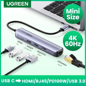 Hubs Ugreen USB C Hub 4K 60Hz Mini USB Tip C Tip 3.1 - HDMI RJ45 PD USB 3.0 OTG Adaptörü MacBook Air Pro 2020 PC USB HUB için USB C Dock