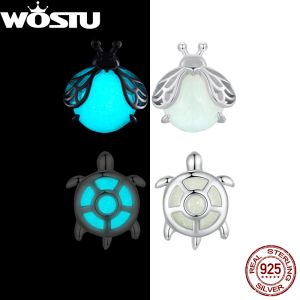 Brincos Wostu 925 Sterling Silver Firefly Sea Turtle Glowinthedark Brincos com pedra luminosa para mulheres Jóias de animais na moda