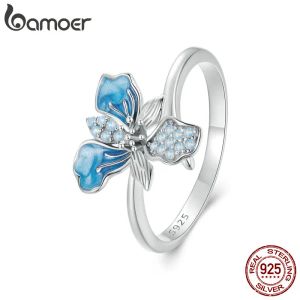 Ringar Bamoer 925 Sterling Silver Blue Iris Justerbar ring Exquisite Emamel Flower Opening Ring For Women Party Fine Jewelry