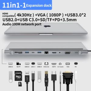 Hubs Ryra 11 in 1 Dock di espansione USB3.0 Hub HD 4K VGA 3,5 mm Audio RJ45 PD 87W Carica rapida SD/TF Schermata Schermata Docking Stations Tipo C