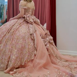 Różowy złoto błyszcząca kryształowa sukienka Quinceanera przyjęcie urodzinowe dziobowe panny młodej aplikacja labe koraliki sukienki ślubne vestidos 15 de novia