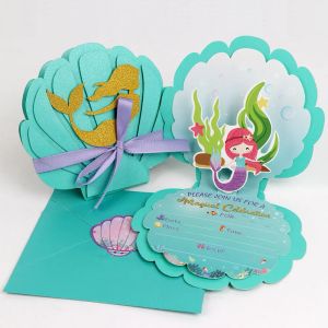 BASSE INVIO INVITATI PARTY MERMAID OUTMERE 3D FORNITÀ PARTY BERILNZIONE DI MERAID PARLESCENT con buste per il compleanno delle ragazze per bambini