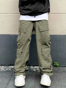 Calças masculinas Multi-Flap Pocket Pocket Calça de cargo reta de pernas soltas calças externas casuais calças de trabalho e camisetas da moda Y240422