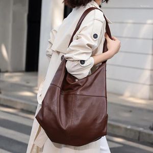 Drawstring Casual Soft Leather Handbags For Women 2024 Genuine Cowhide Shoulder Bags Lady Retro Trendy Crossbody Bag Big Capacity Tote