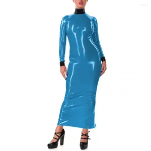 Sukienki na co dzień elegancki bodycon pełny rękaw Patchworka długie ołówek sukienka mokra mokra pvc wysoka szyja szczupła tylna mokra maxi hoble klubowa