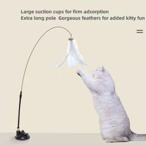 Toys Pet cat toys suction cups steel wire feather cat teaser rod long pole with bell cat self high boredom relief supplies