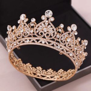 Jóias Gold Color Big Round Round Crowns Barroco Tiara Crystal Heart Wedding Hair Acessórios Rainha Princesa DiADEM Ornamentos de noivas