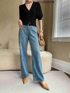 Kadınlar Kot Bahar All-Match Gevşek Koyu Mavi Düz Pantolon Retro Yüksek katlı elastik bel streç geniş bacak Jean Z374