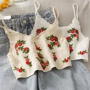 Serbatoi femminili da ricamo floreale canotta top floreale cotone senza maniche retrò magliette dolci top estate