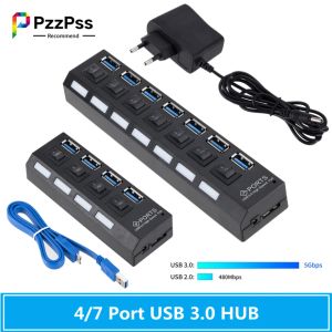 HUBS PZPSS USB 3.0 HUB USB HUB 3.0 Splitter Multi USB Utilizzo Adattatore di alimentazione 4/7 Porta Multiple Expander 2.0 USB3 Hub con switch per PC