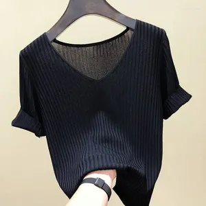 Women's T Shirts Shirt Women Sweater Knitted Crop Tops Short Sleeve Cute Korean Fashion Solid Color V Neck Sexy Tees Trend Casual Clothes