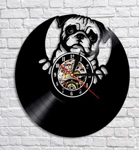 1Piece Lovely Pug Dog Silhouette Record LED Wall Clock Modern Design Animal Puppy Clock Creative Nursery Wall Art Decor4727535