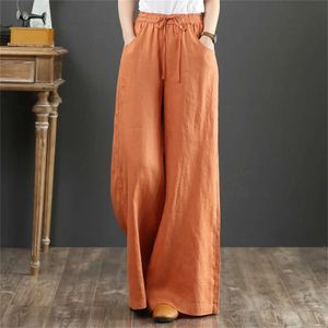 Frauenhose Capris 2024 Spring Neues Leinen Lose lässige Weitbein Hosen elastische Taille Bodenlänge gerade Bein Hosen Strahl