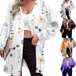 Kvinnors T -skjortor Kvinnor Floral Printing Open främre topp Cardigans Coat Långärmad avslappnad mjuk drapering Hög lågkardigan Dropship