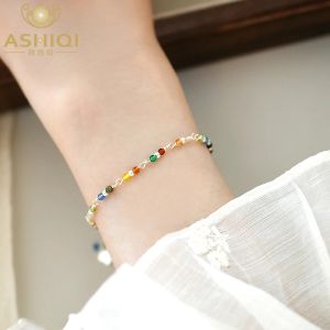 Strängar Ashiqi Trendy Colorful Natural Stone Agate Armband 925 Sterling Silver for Women