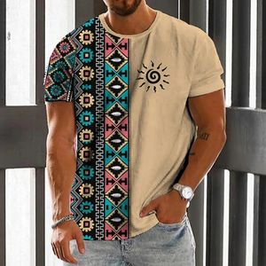 Mens Tshirt Ethnic Print Casual Short Sleeve Summer Round Neck Streetwear Vintage Man Loose Sweatshirt Breathable Men Clothes 240422