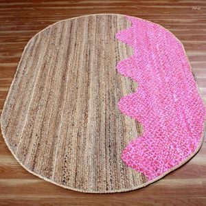 Carpets Rug Natural Jute And Pink Cotton Braided Carpet Home Living Room Decorative Floor Mat 4x6 Ft Oval