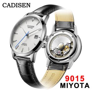 Kits Cadisen Men observa o pulso mecânico automático Miyota 9015 Top Brand Luxury Real Diamond Watch Curved Sapphire Glass Clock