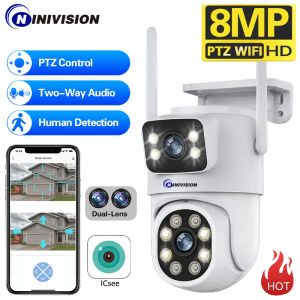 Cameras 8MP ICSEE Outdoor Dual Lens Camera WiFi Analog Surveillance Human Motion Tracking PTZ Wireless Camera Can Connect 10CH 4K NVR