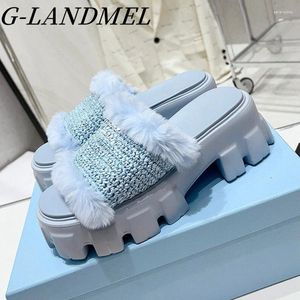 Terlik Mavi Beyaz Tatlı Stil Peluş Kalın Sole Kama Topuk Kadınlar Slipper Peep Toe Outwear Slaytlar Platform Ayakkabı Moda Açık