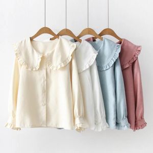 T-shirts 2020 Korean Spring Autumn Long Sleeve Ruffles Peter Pan Collar Women Blus Skjortor Toppar Kvinnliga skoluniform Girls White Shirt