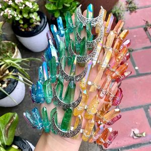 Real Obsidian Crystal Quarz Crescent Moon Stirnband Druy Muslim Braut Krone Hexen -Wahrsagung Cosplay Tiara Comb Hair Accessorie 240408