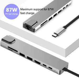 Hubs 8 in 1 USB -C -Hub -Typ -C -Konverter USB3.1 Multifunktional Adapterkabel RJ45 100 Mbit/s HDMI 4K USB C 3.1 SD/TF USB3.0 USB2.0 PD