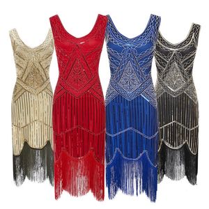 女性パーティードレス1920 S Great Gatsby Flapper Vestidos Sequin Bead Fringe Dress Invined V Neck装飾フリンジノースリーブ240420