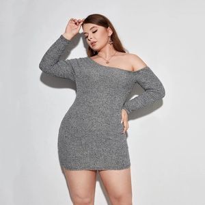 Plus Size Sexy Oblique Neck Elegant Spring Autumn Dress Long Sleeve Off Shoulder Ribbed Bodycon Large Mini 7XL 240411