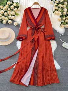 Casual Dresses Fashionable Desert Red Exotic Dress for Women 2024 Spring Summer Slim V-Neck A-Line Printed Beach Vacation Long Z4514