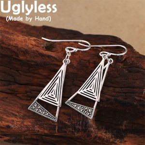 Brincos paredless tailandeses triangulares prateados de prata para mulheres jóias geométricas simples real 925 esterling prata brincos hollow briurring exótico