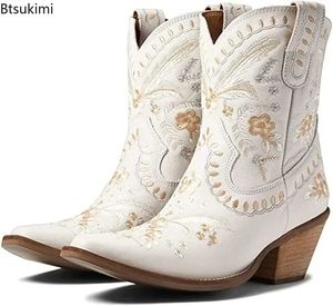 2024 Embroidered Western Boots For Women Ankle Bootie Cowboy Cowgirls Flower Print Fashion Chunke Heel Slip On Ankle Boots 240415