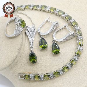 Strands New Peridot Green Silver 925 Jewelry Set for Women with Bracelet Earrings Necklace Pendant Ring Birthday Gift