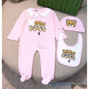 Rompers 3Pcs/Set Newborn Baby Girl Romper Cotton Clothes Print Cute Cartoon Bear New Born Girls Jumpsuits Hat Bibs Outfit Drop Deliver Dh31D