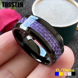 Rings Tussten 6/8mm Classic Tungsten Wedding Band Ring for Men Women With Purple Carbon Fiber Inlay Bell Polish Comfort Fit