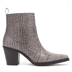 Klänningskor 2024 Fashion Boots Stone Mönster Mid-Calf Women Pu Leather Fetish Chunky Heel Ladies Autumn Big Size 46