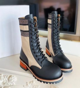 Beige Midcalf Ankle Biker Boots for Luxury Designers Shoes Block Low Heel LaceUp Booties Quest Leather Embroidered Logo CH4430991